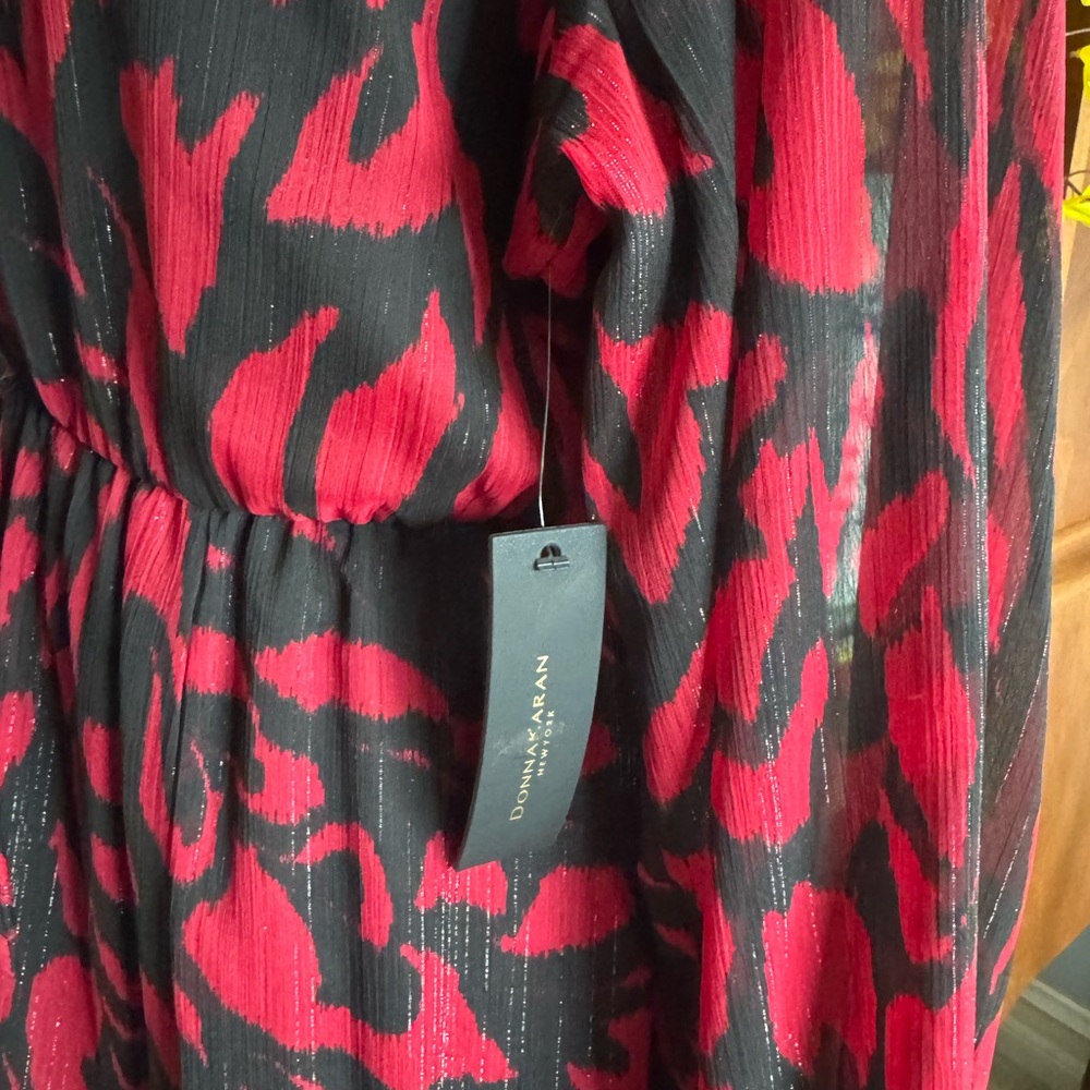 Donna Karan Women’s Chiffon Shirt Midi Red Multi Print Dress Size 12 NWT - Picture 8 of 10